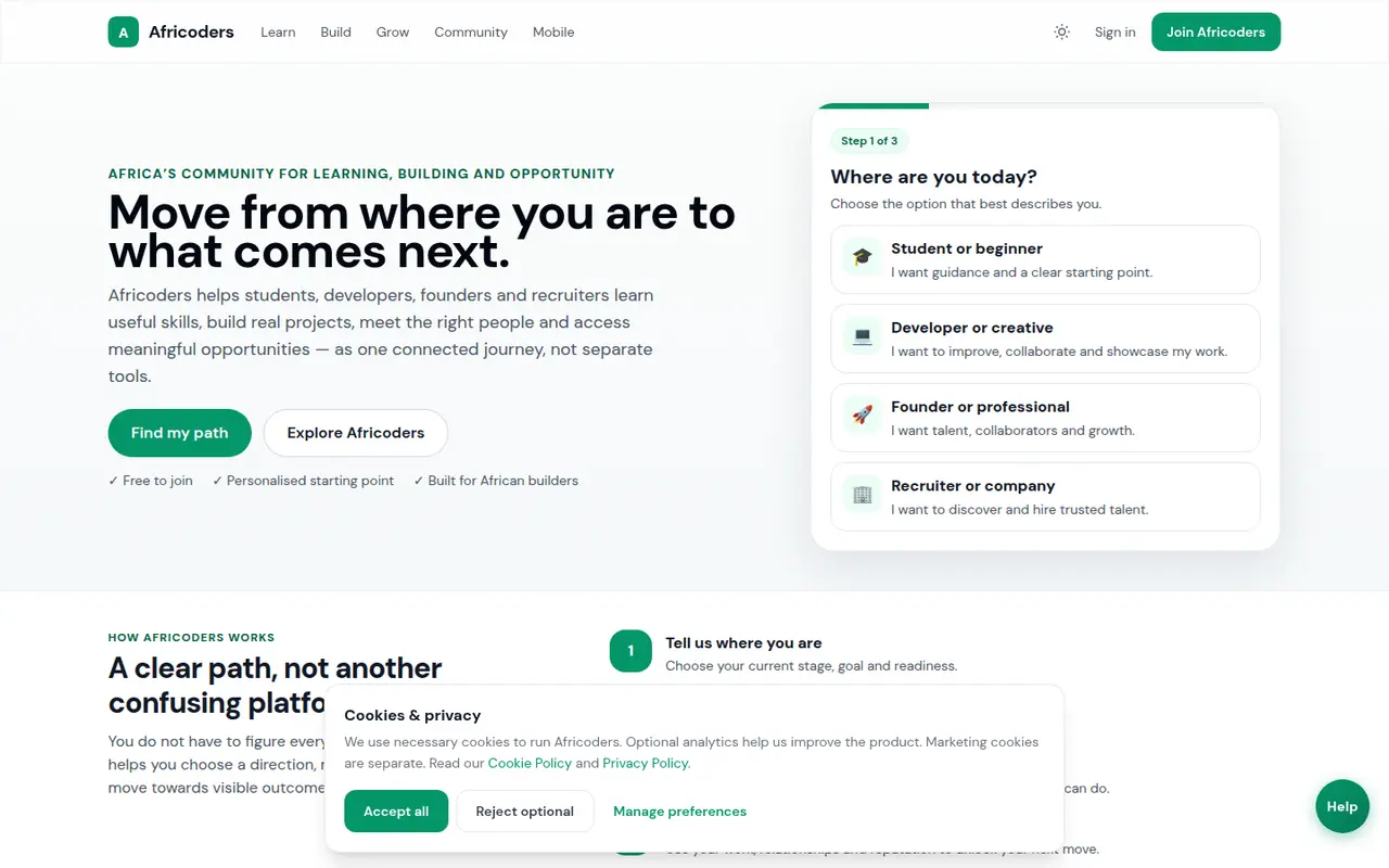 Africoders community platform homepage on desktop