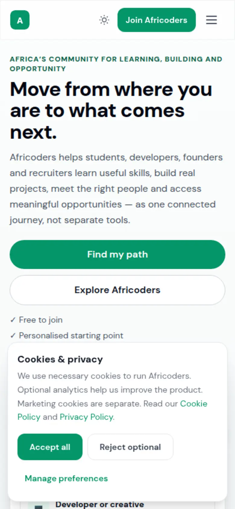 Africoders community platform on mobile