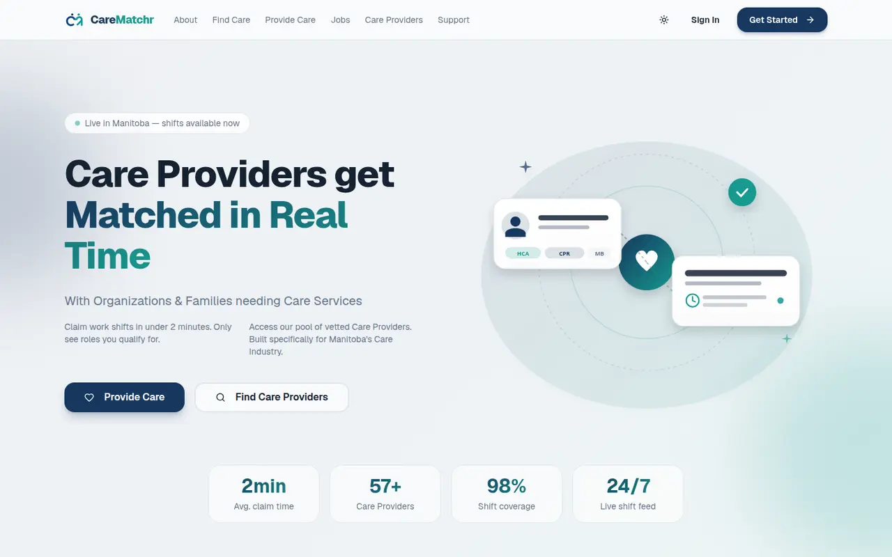 CareMatchr care marketplace homepage